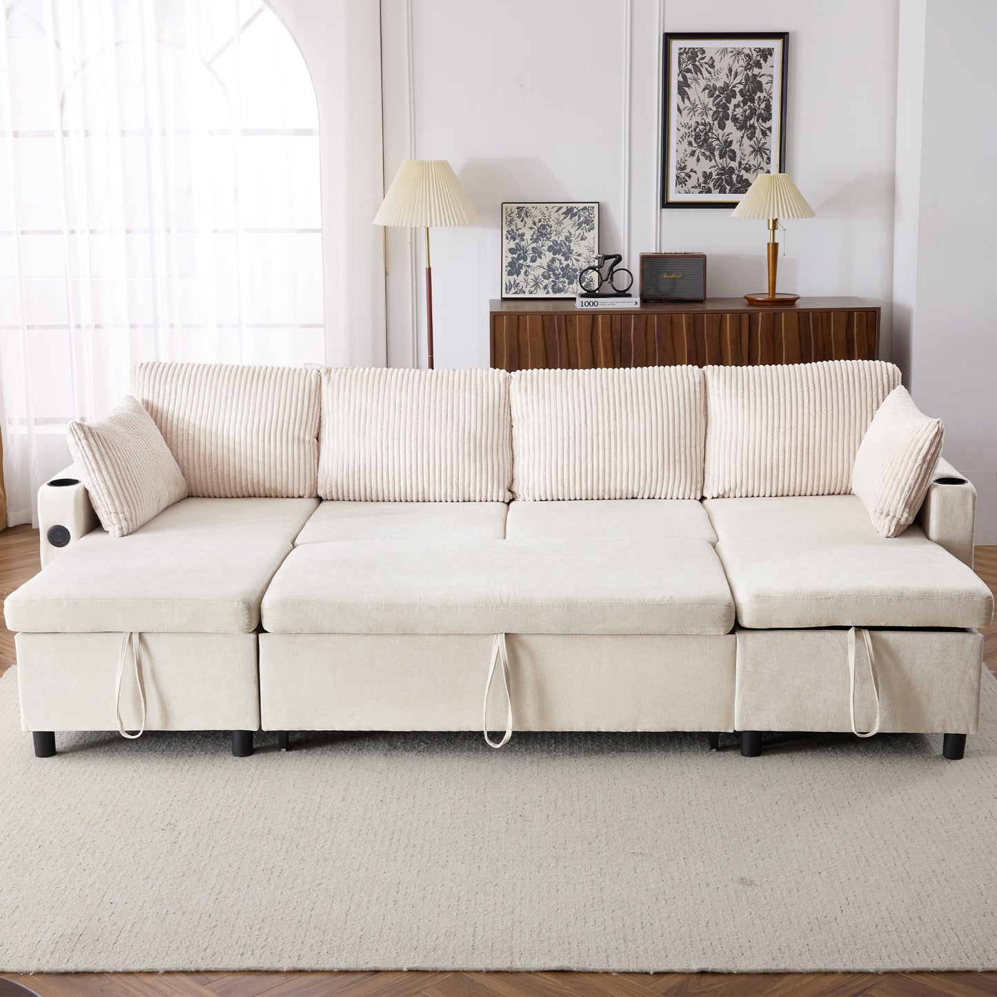 111.8" Sectional Sofa Pull-out Sofa Bed Versatile Sofa Sleeper with Large Storage Space, Two USB Ports and Two Cup Holders for Living Room, Beige