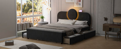 Queen Size Upholstered Platform Bed with Multi-functional Headboard, Trundle and 2 Drawers, Gray