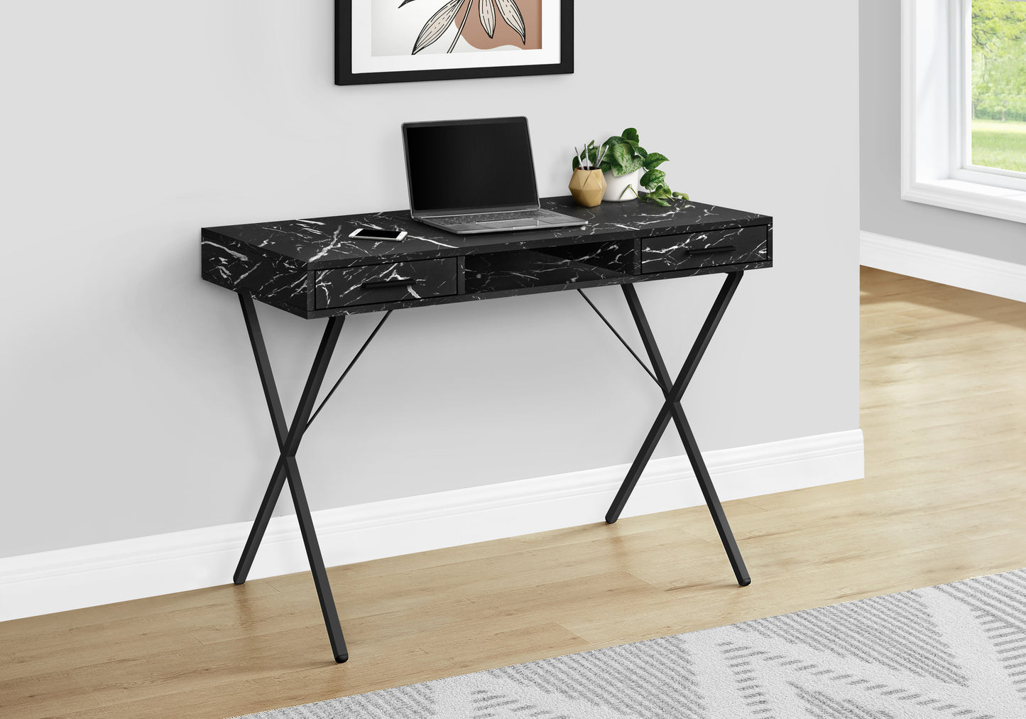 Computer Desk, Home Office, Laptop, Left, Right Set-up, Storage Drawers, 42"l, Work, Black Marble Look Laminate, Black Metal, Contemporary, Modern
