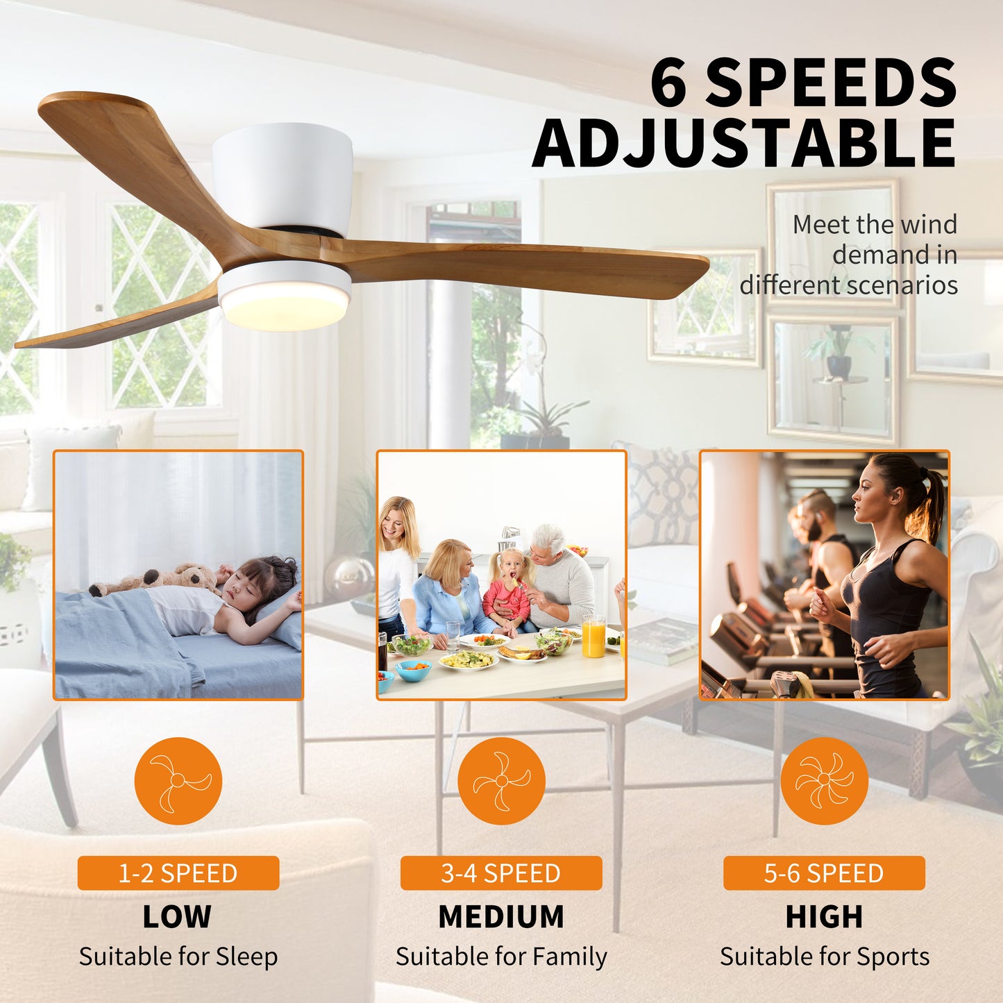 42 inch  Wood Ceiling Fans with Lights and Remote, Modern Flush Mount Low Profile Ceiling Fan with Light, 6 Speed, Reversible DC Motor, for Bedroom/Outdoor/Farmhouse/Patios