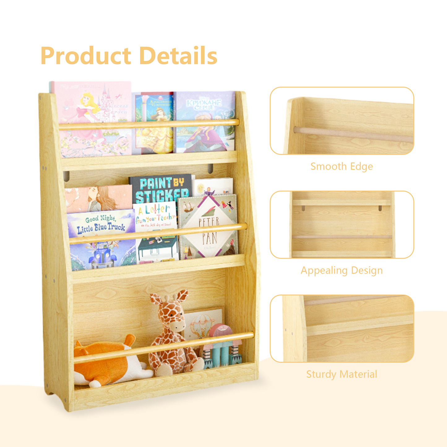 3 Tier Kids Book Shelf,Kids Book Rack, Helps Keep Bedrooms, Playrooms, and Classrooms Organized, Natural