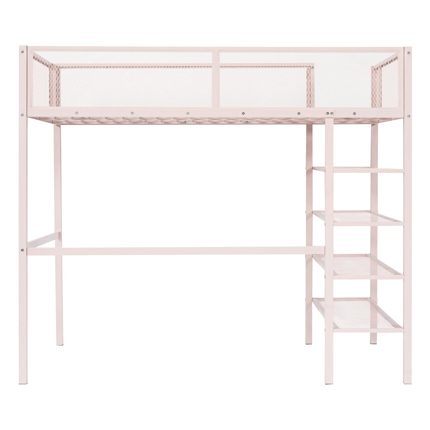 Twin Size Metal Loft Bed with 4-Tier Shelves and Storage, Pink