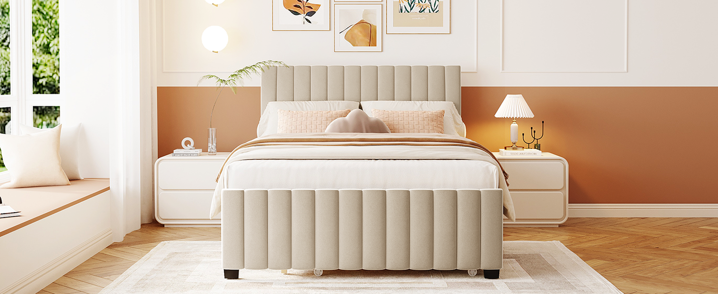 Full Size Velvet Upholstered Platform Bed with Twin Size Trundle, Beige