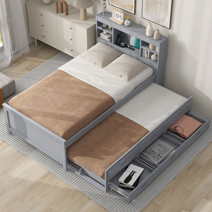 Twin Size Platform Bed with Storage Headboard, USB, Twin Size Trundle and 3 Drawers, Gray