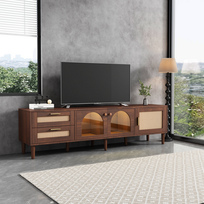 Rattan TV Stand with 3 Cabinets & 2 Drawers, Rattan-inspired Media Console Table for TVs up to 80'', LED Light Entertainment Center, TV cabinet for Living room, Bedroom, Home Theatre