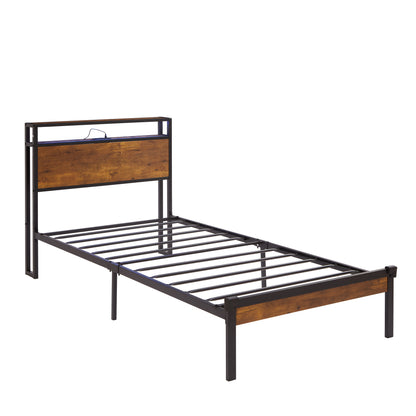 Twin Size Metal Platform Bed Frame with Wooden Headboard and Footboard with USB LINER, LED Lights ,No Box Spring Needed, Large Under Bed Storage, Easy Assemble