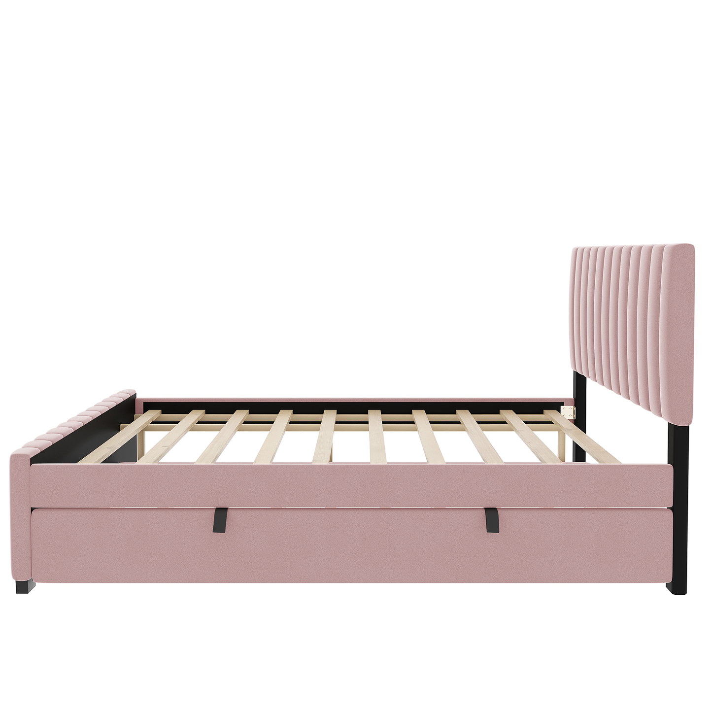 Full Size Velvet Upholstered Platform Bed with Twin Size Trundle, Pink