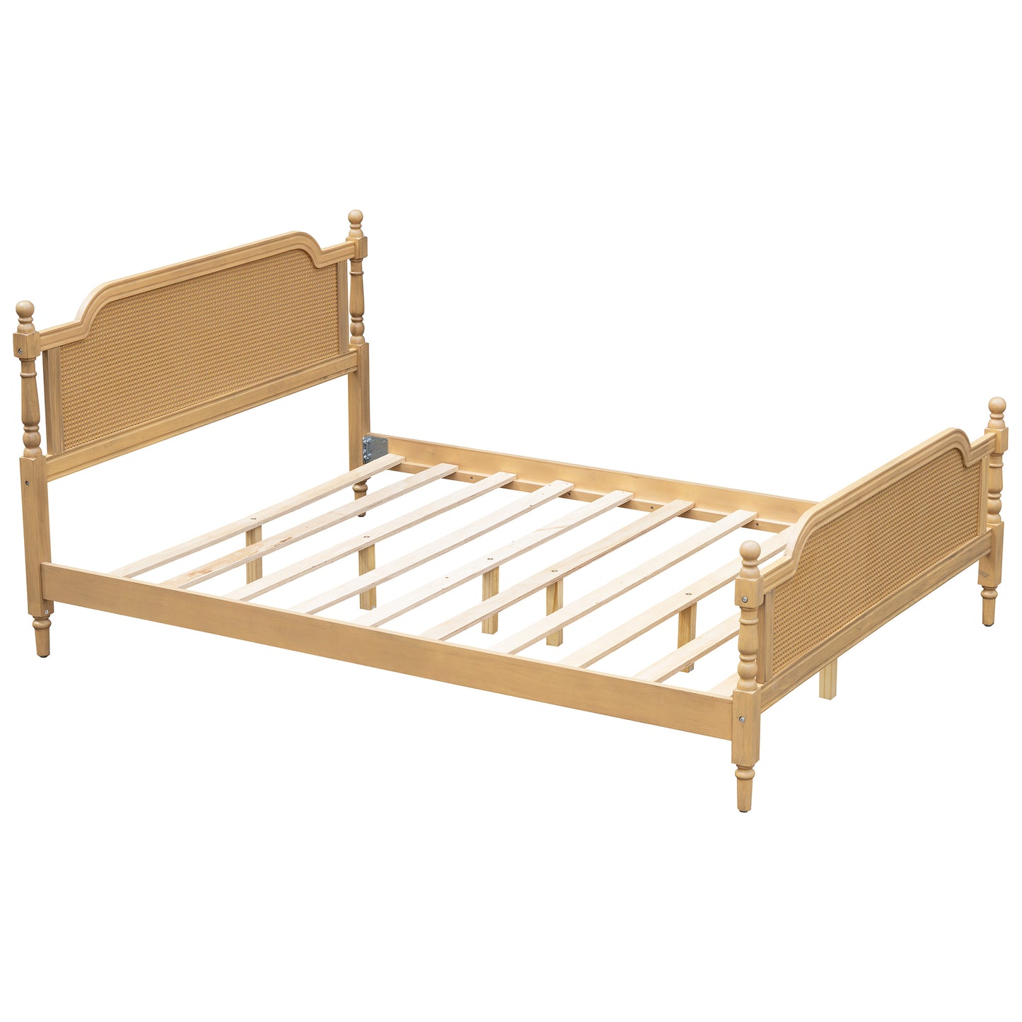 Traditional Style Rattan Queen Size Bed Frame,No Box Spring Needed,Antique Walnut