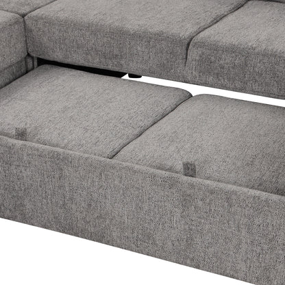 108.6" U-shaped Sectional Sofa Pull out Sofa Bed with Two USB Ports, Two Power Sockets, Three Back Pillows and a Storage Chaise for Living Room, Light Gray