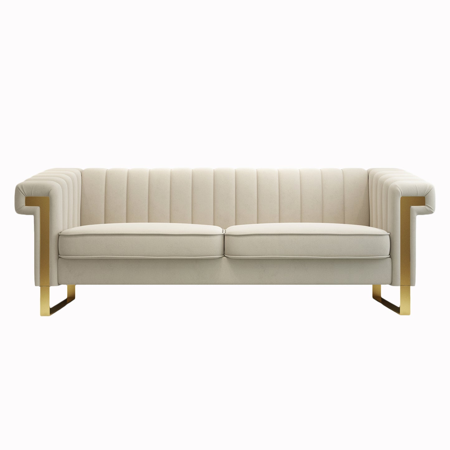 FX-P81-CW2  SOFA  Modern Cream Velvet Sofa with Gold Accents - Sleek Channel-Tufted Upholstery, 3-Seat Couch for Living Room and Office Decor(TEMU Suitable)