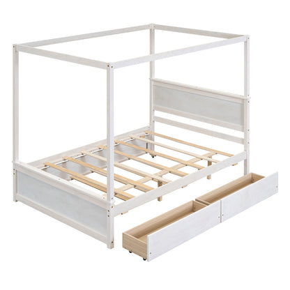 Wood Canopy Bed with Trundle Bed and two Drawers ,Full Size Canopy Platform bed With Support Slats .No Box Spring Needed, Brushed White