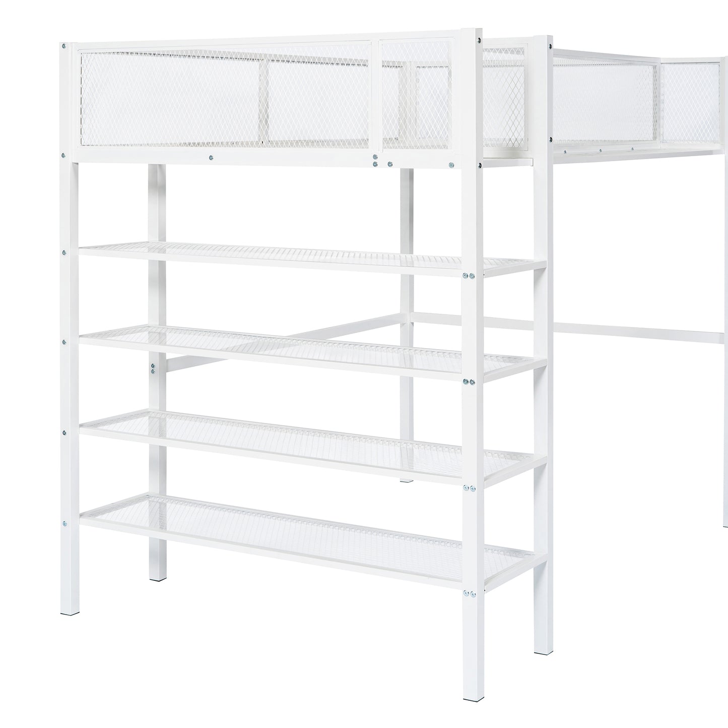 Twin Size Metal Loft Bed with 4-Tier Shelves and Storage, White