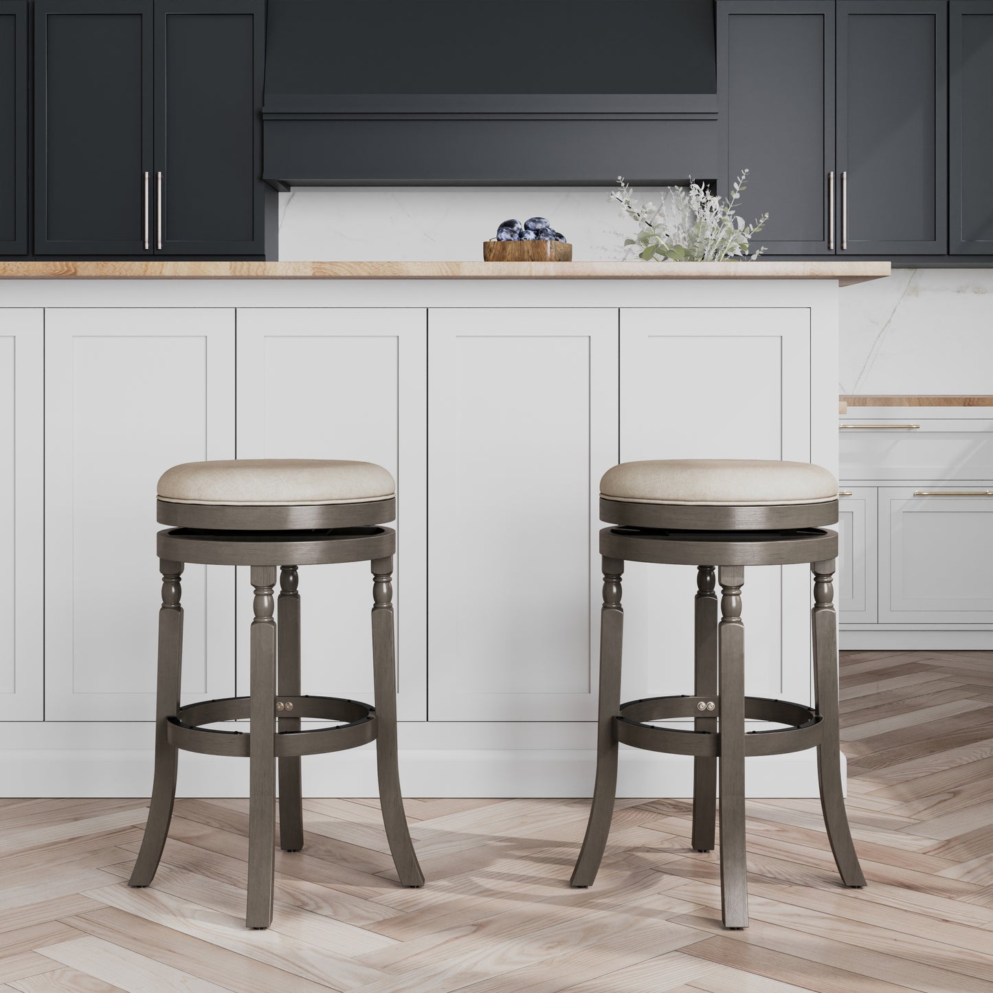 30" Bar Stool, Weathered Gray Finish, Beige Fabric Seat