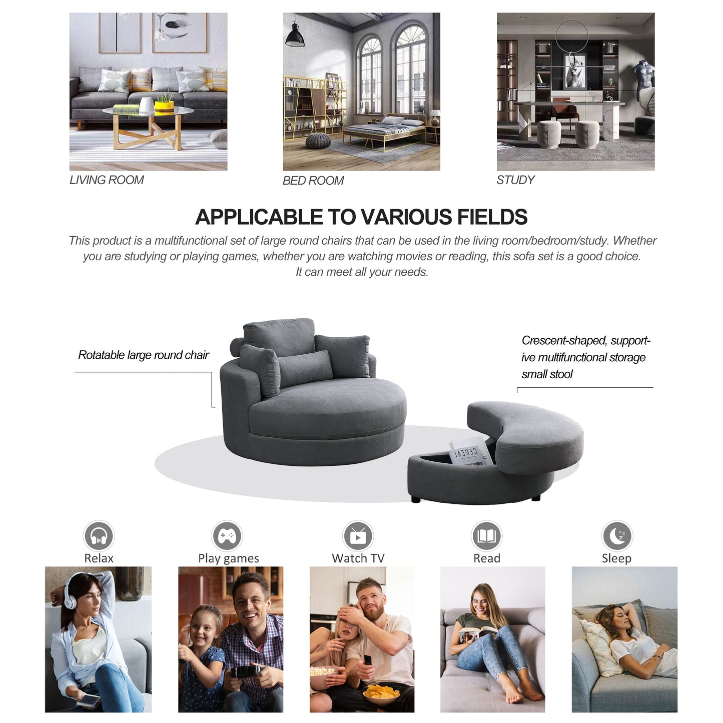 Welike Swivel Accent Barrel Modern Dark Grey Sofa Lounge Club Big Round Chair with Storage Ottoman Linen Fabric for Living Room Hotel with Pillows,2PCS.