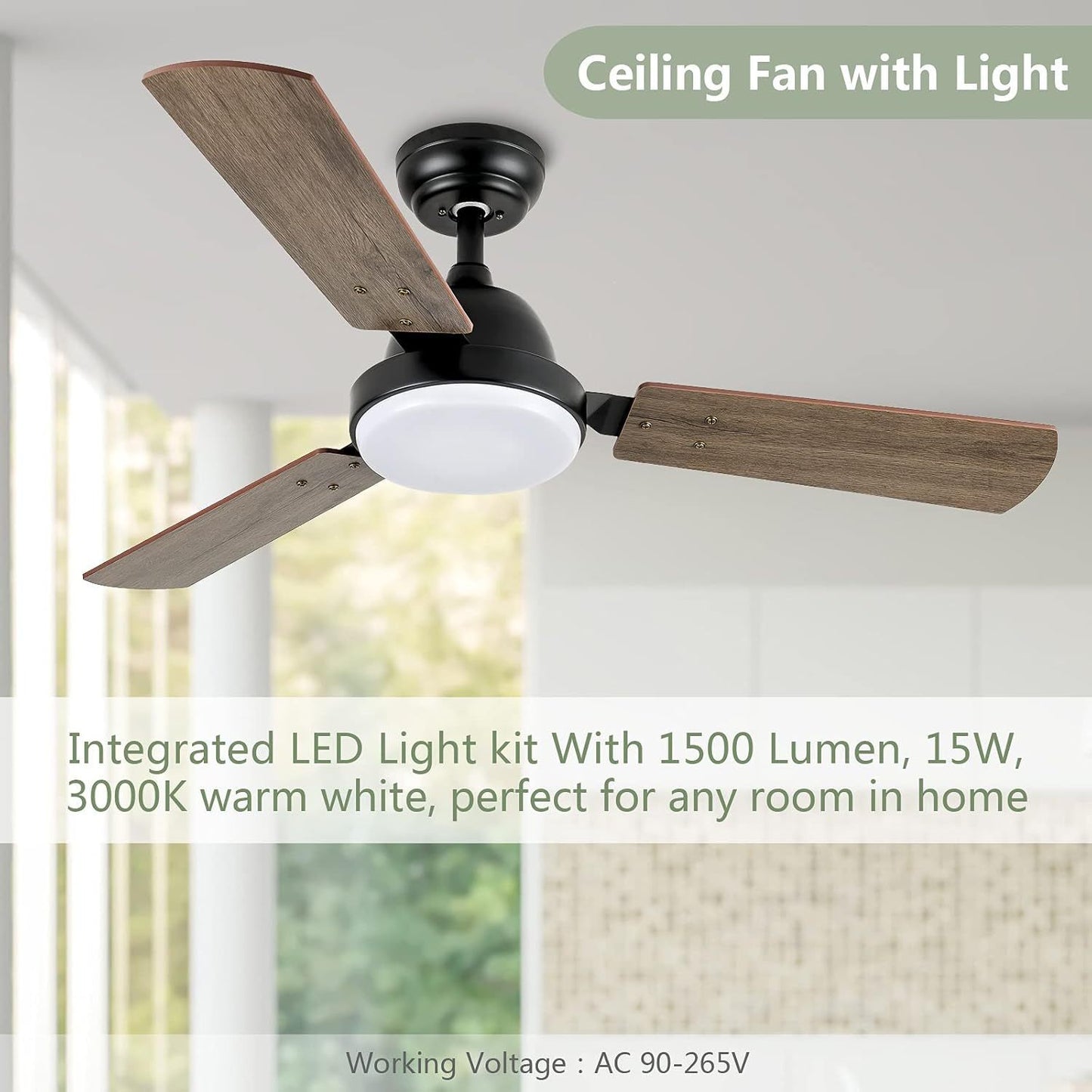 44-inch Ceiling Fan with LED Light and Remote Control, 6-Speed Modes, 2 Rotating Modes, Timer