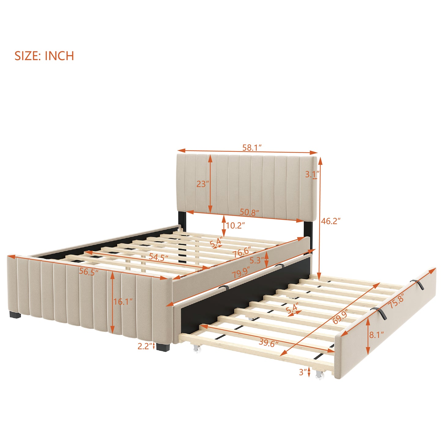 Full Size Velvet Upholstered Platform Bed with Twin Size Trundle, Beige