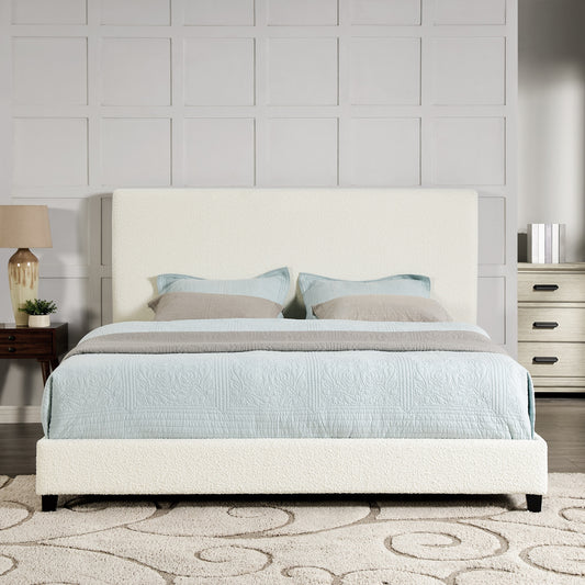 King Size White Boucle Upholstered Platform Bed