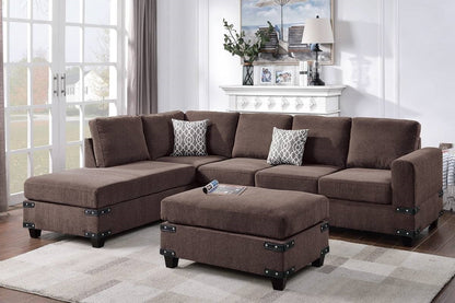 Living Room Furniture Chocolate Chenille Sectional w Ottoman Linen Like Fabric Sofa Reversible L/R Chaise Ottoman 3pc Sectional Sofa