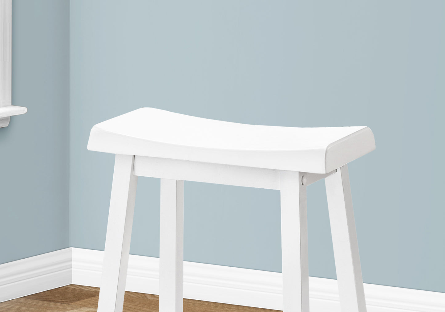 Bar Stool, Set Of 2, Counter Height, Saddle Seat, Kitchen, White Wood, Contemporary, Modern