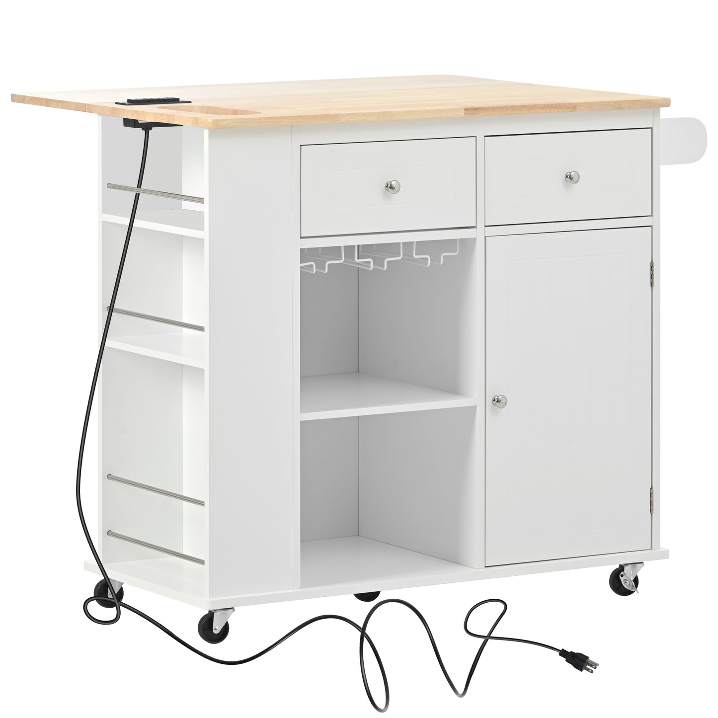 Kitchen Island with Power Outlet,Kitchen Storage Island with Drop Leaf and Rubber Wood,Open Storage and Wine Rack,5 Wheels,with Adjustable Storage for Home, Kitchen, and Dining Room,White