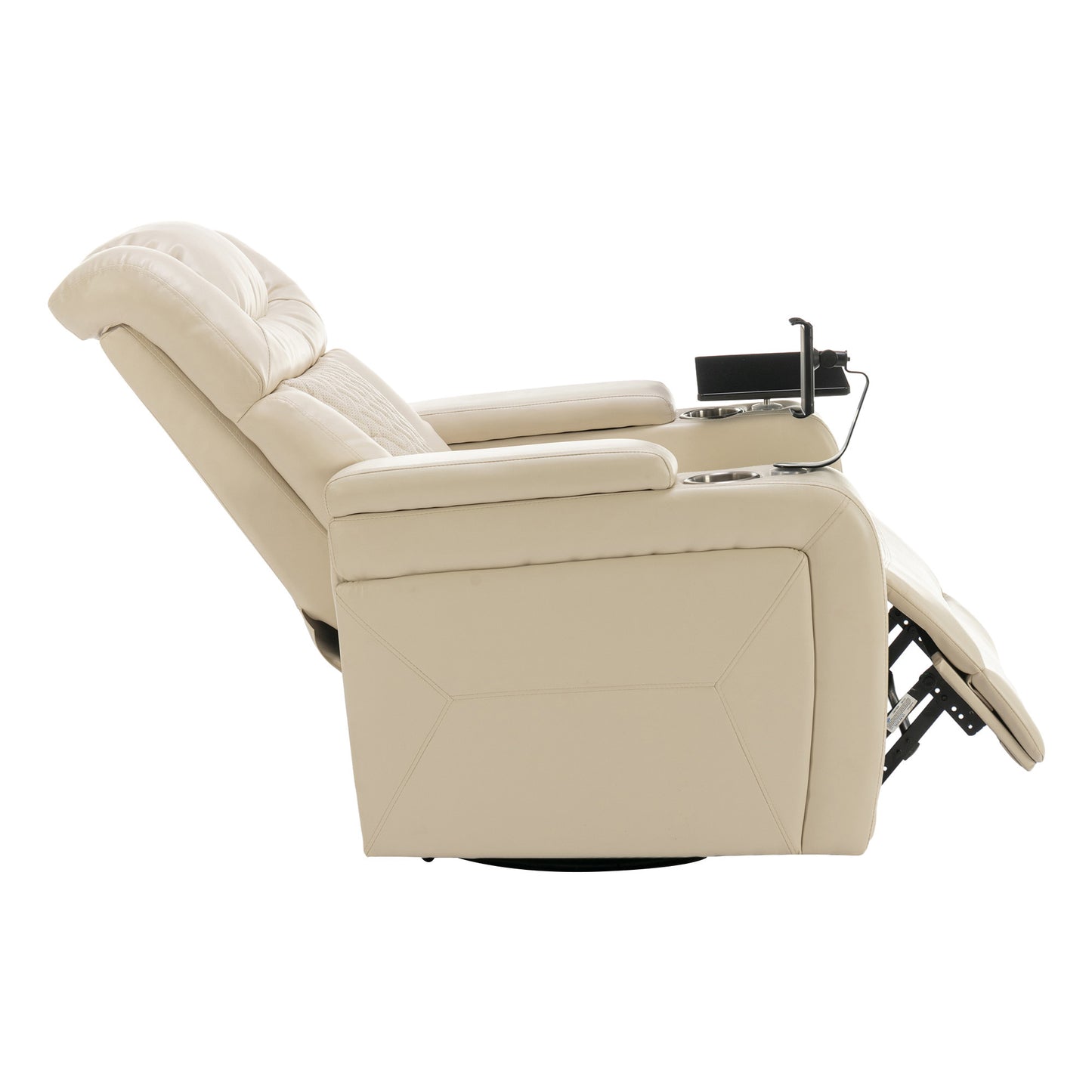 270 Degree Swivel PU Leather Power Recliner Individual Seat Home Theater Recliner with  Comforable Backrest, Tray Table,  Phone Holder, Cup Holder,  USB Port, Hidden Arm Storage for Living Room, White