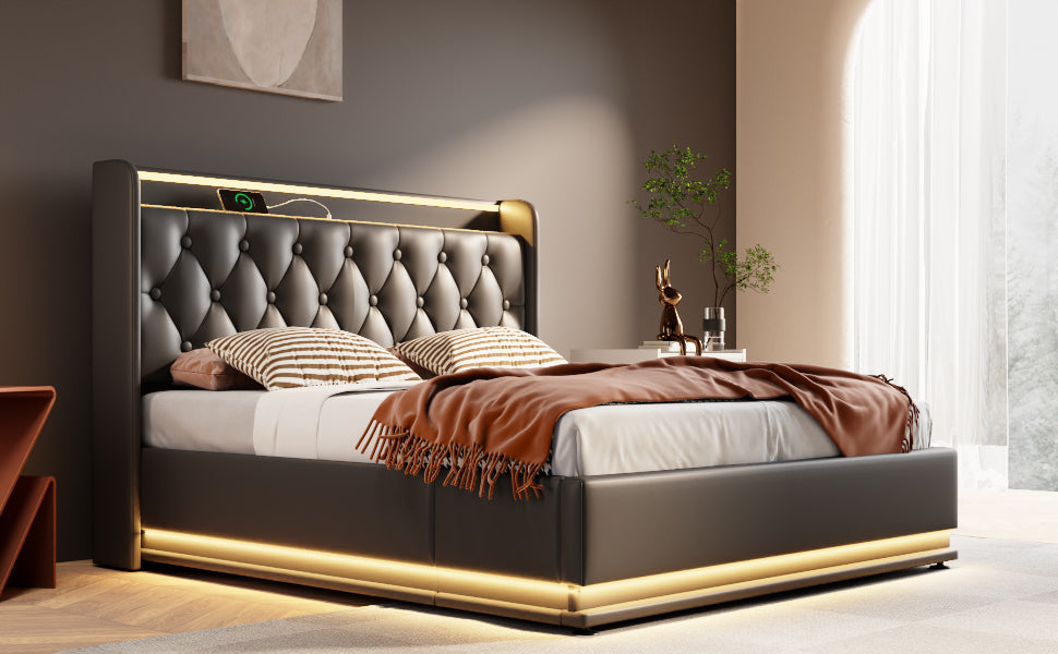 King size Upholstered bed, 360 surround LED function, Buttons/Apps/Remote Control, hydraulic storage bed with USB Type-C charging, Black, PU (Without mattress)