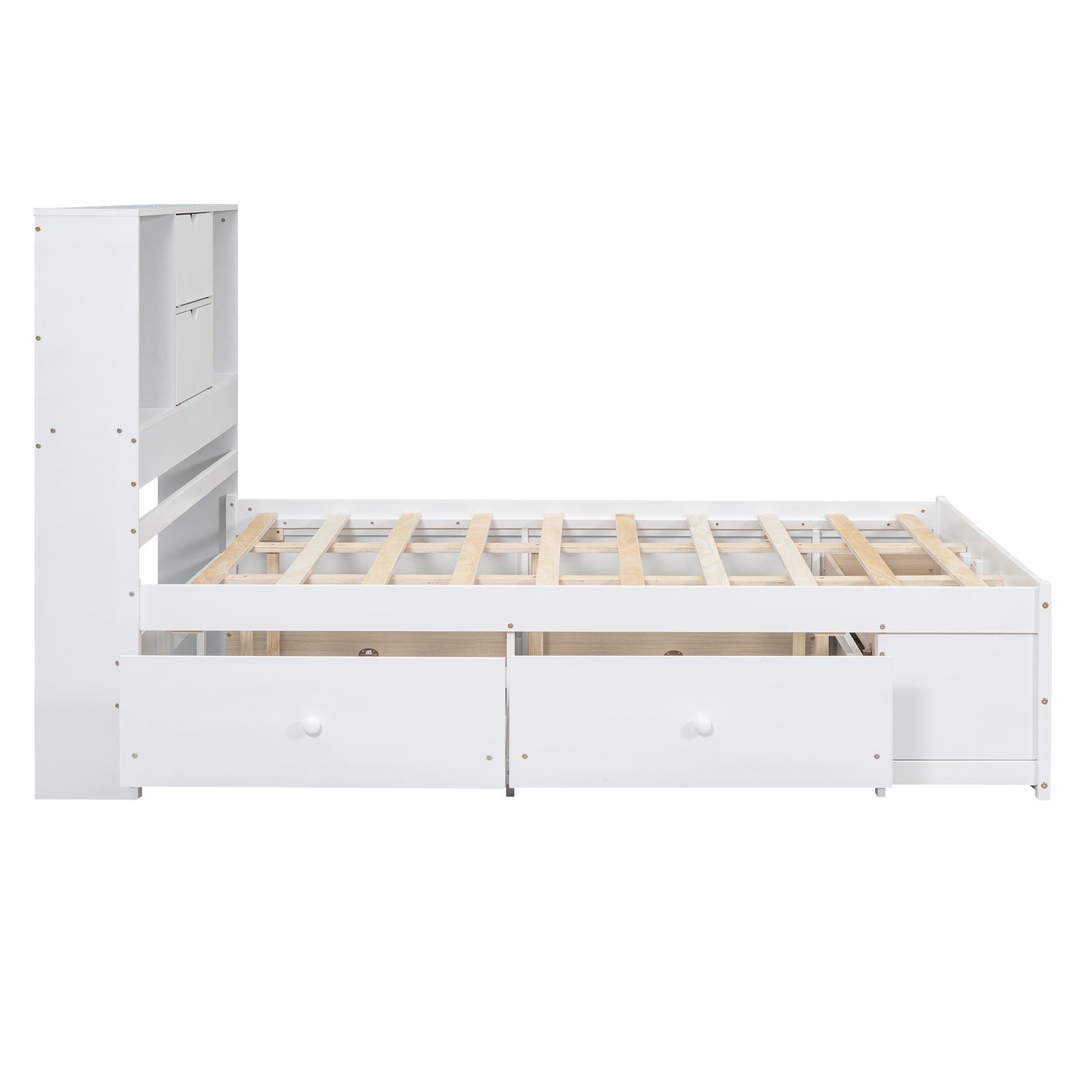 Queen Size Platform Bed with Storage Headboard and 8 Drawers, White