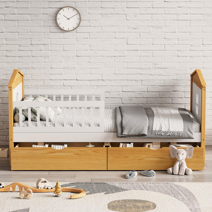 Twin Size House Shape Bed with Drawers and Safety Fence Guardrails Bed Toddler Bed for Girls Boys,No Box Spring Needed, Walnut and White