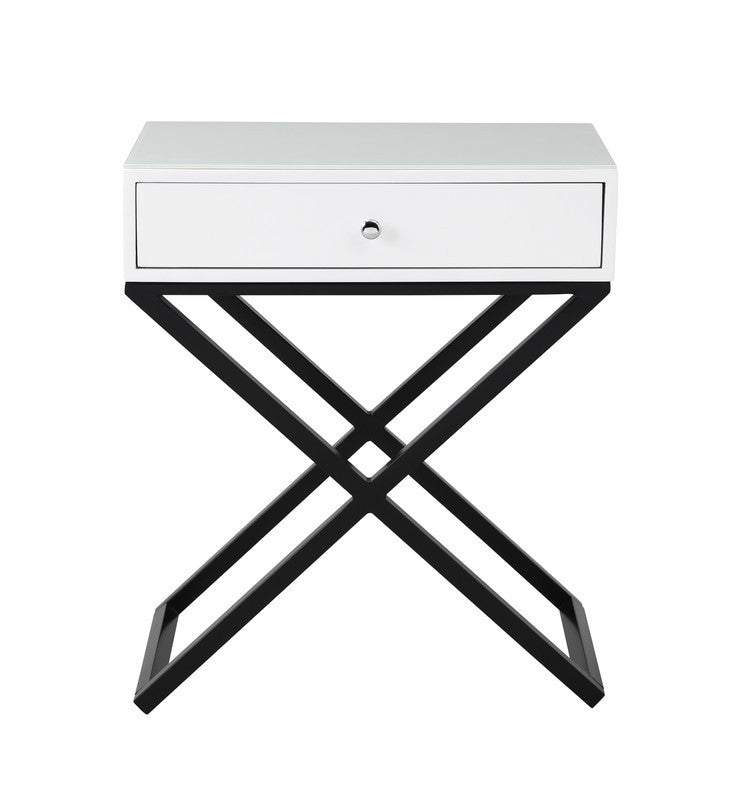 Koda 23" White Wooden End Side Table Nightstand with Glass Top, Drawer and Metal Cross Base