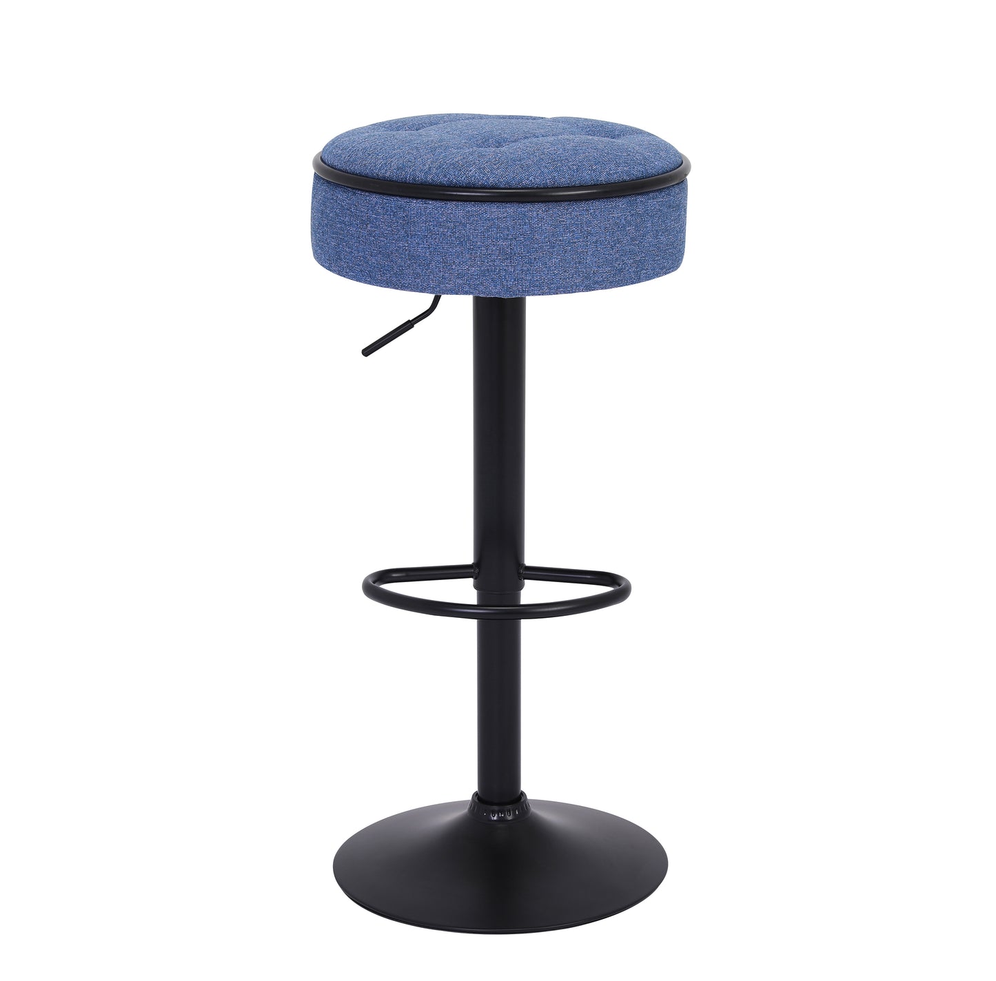 Round Storage Bar Stool Set of 2, Blue Linen Height Adjustable Barstool, 360°Counter Height Swivel Stool, Armless Bar Chair with Metal Frame for Kitchen Counter Dining Living Room