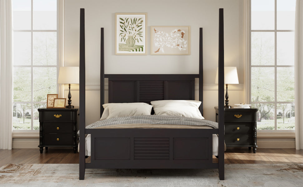 Traditional Queen Size Solid Wood Four Poster Bed with Horizontal Grille Design, Espresso