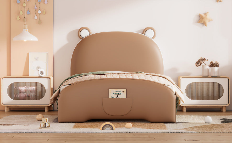 Twin Size Upholstered Platform Bed with Bear-shaped Headboard and Footboard,Brown+White