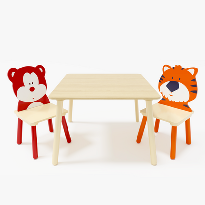 Kids Table and 2 Chairs Set, 3 Pieces Toddler Table and Chair Set, Wooden Activity Play Table Set (Bear&Tiger)