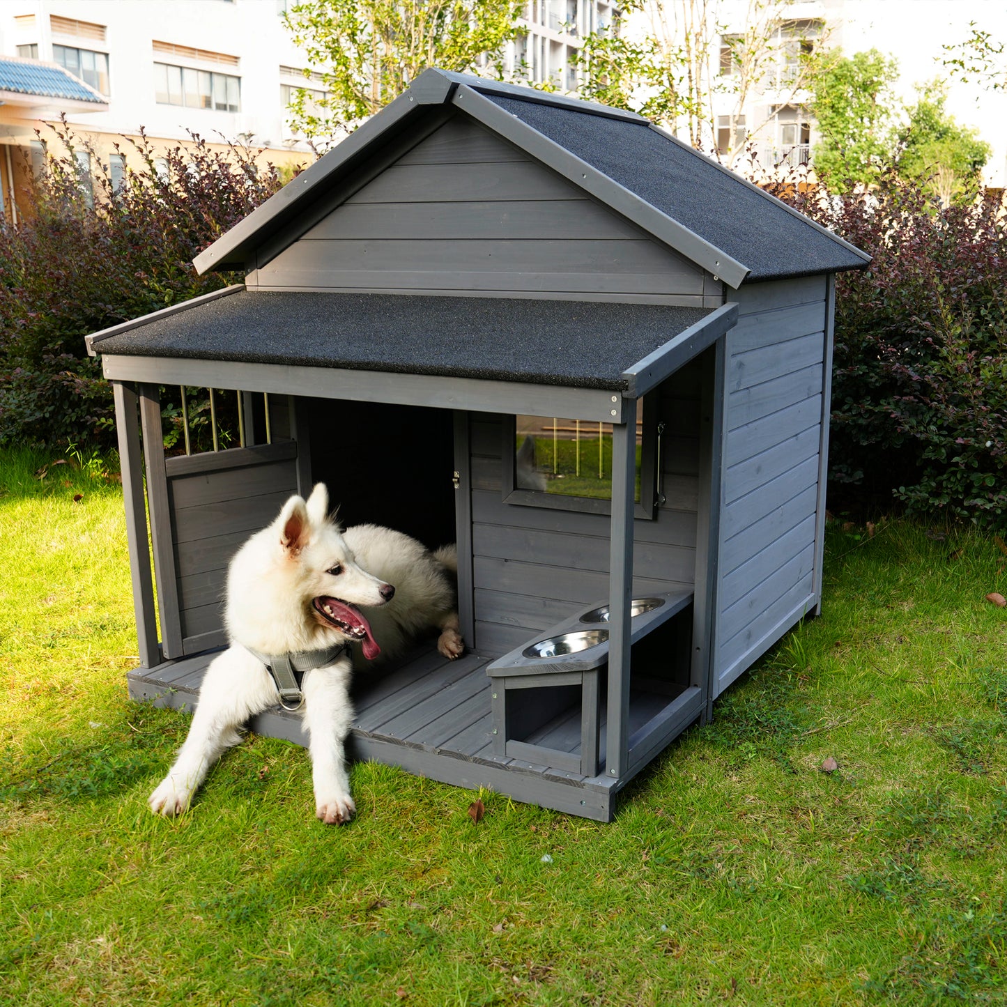 Large dog house, long 44.2" x wide 44.6" x high 44.6" Solid wood asphalt roof dog house with large terrace for large dogs, weatherproof large dog house (improved),Small wooden doors that can be locked