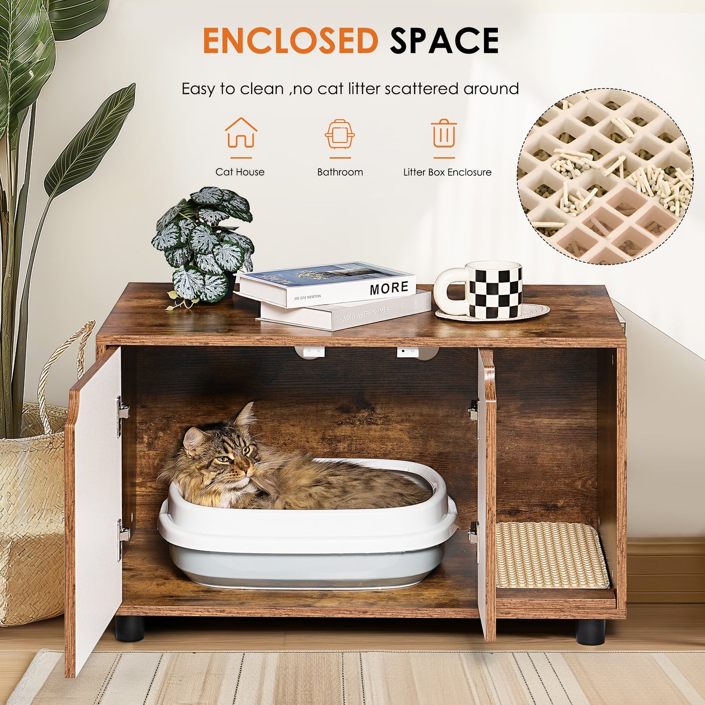 Cat Litter Box Enclosure, Hidden Cat Washroom, Kitty End Table, Furniture Style with Double Doors,White+Vintage