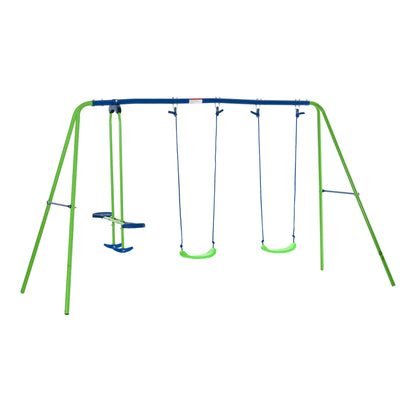 Outsunny Metal Swing Set with Glider, Two Swing Seats and Adjustable Height, Outdoor Heavy Duty A-Frame Suitable for Playground, Backyard, Green