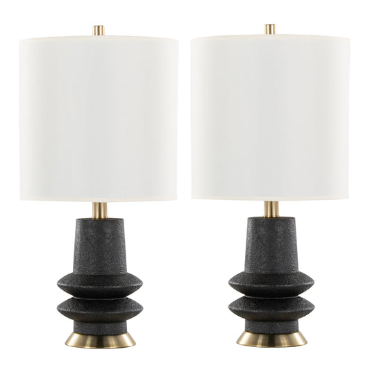 Lloyd 26" Contemporary Polyresin Table Lamp in Sanded Matte Black Polyresin, Modern Brass and White Linen Shade from Grandview Gallery by LumiSource - Set of 2