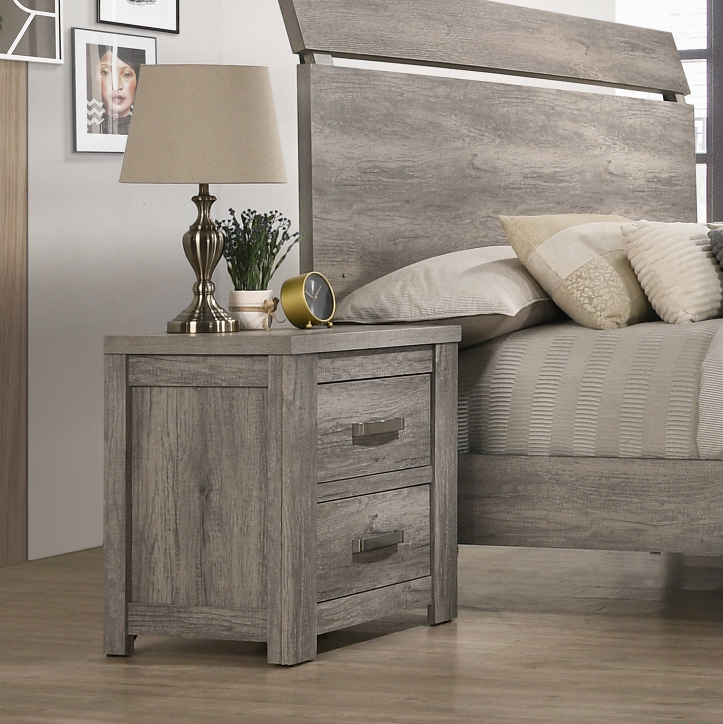 Floren Contemporary Wood Two-Drawer Nightstand, Weathered Gray