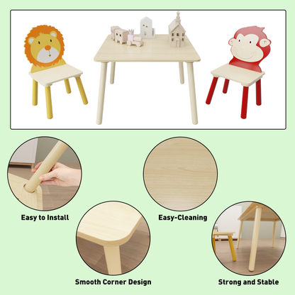 Kids Table and 2 Chairs Set, 3 Pieces Toddler Table and Chair Set, Wooden Activity Play Table Set (Lion&Monkey)