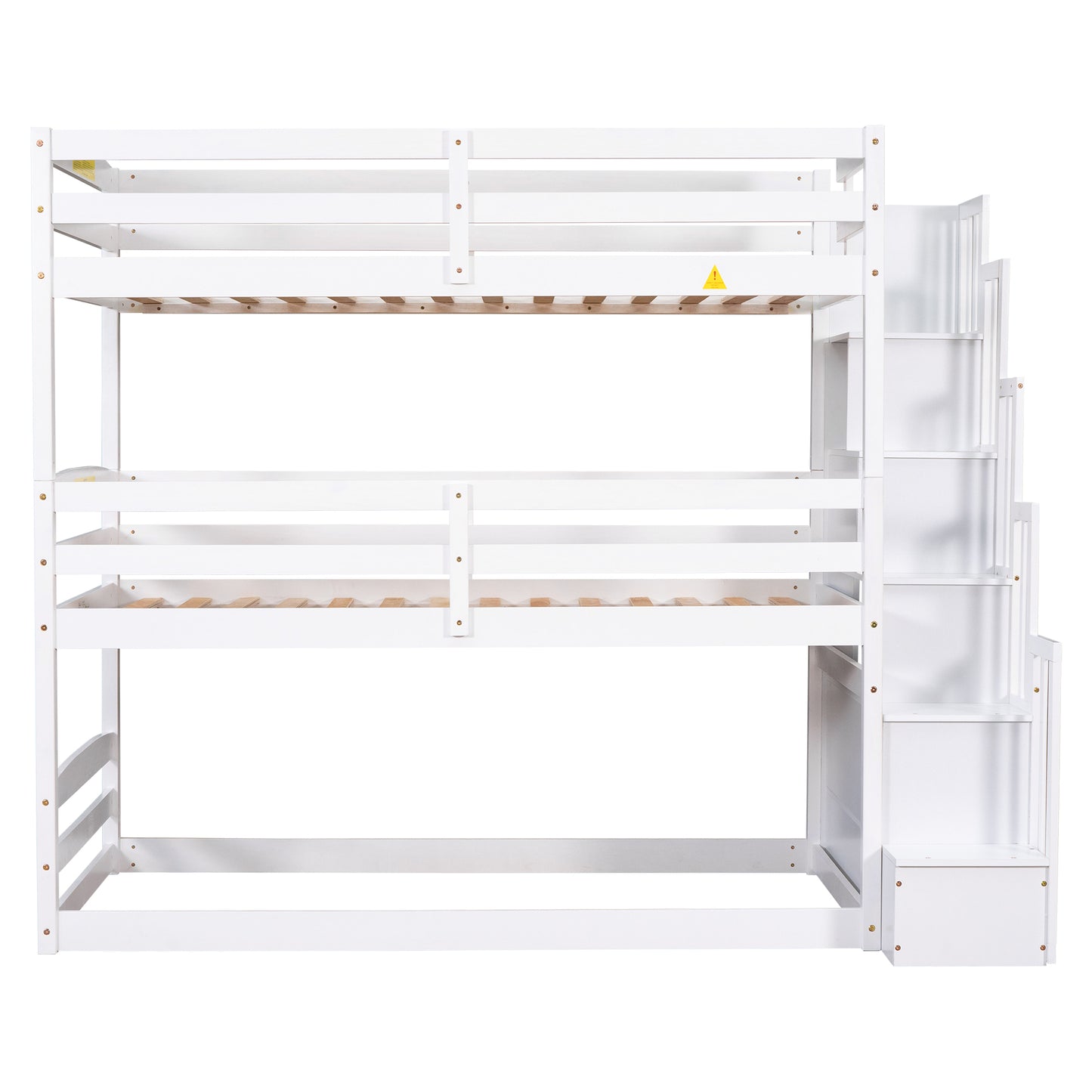 White Twin Size Triple Bunk Bed with Storage Staircase, Separate Design, Solid Pine and MDF Construction