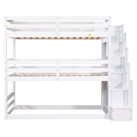 White Twin Size Triple Bunk Bed with Storage Staircase, Separate Design, Solid Pine and MDF Construction