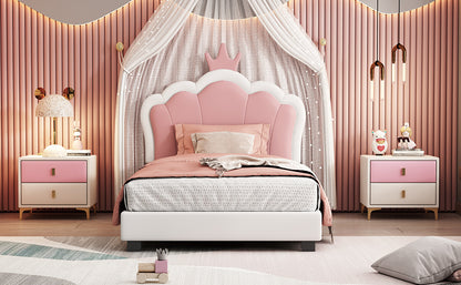 Twin size Upholstered Princess Bed With Crown Headboard,Twin Size Platform Bed with Headboard and Footboard, White+Pink