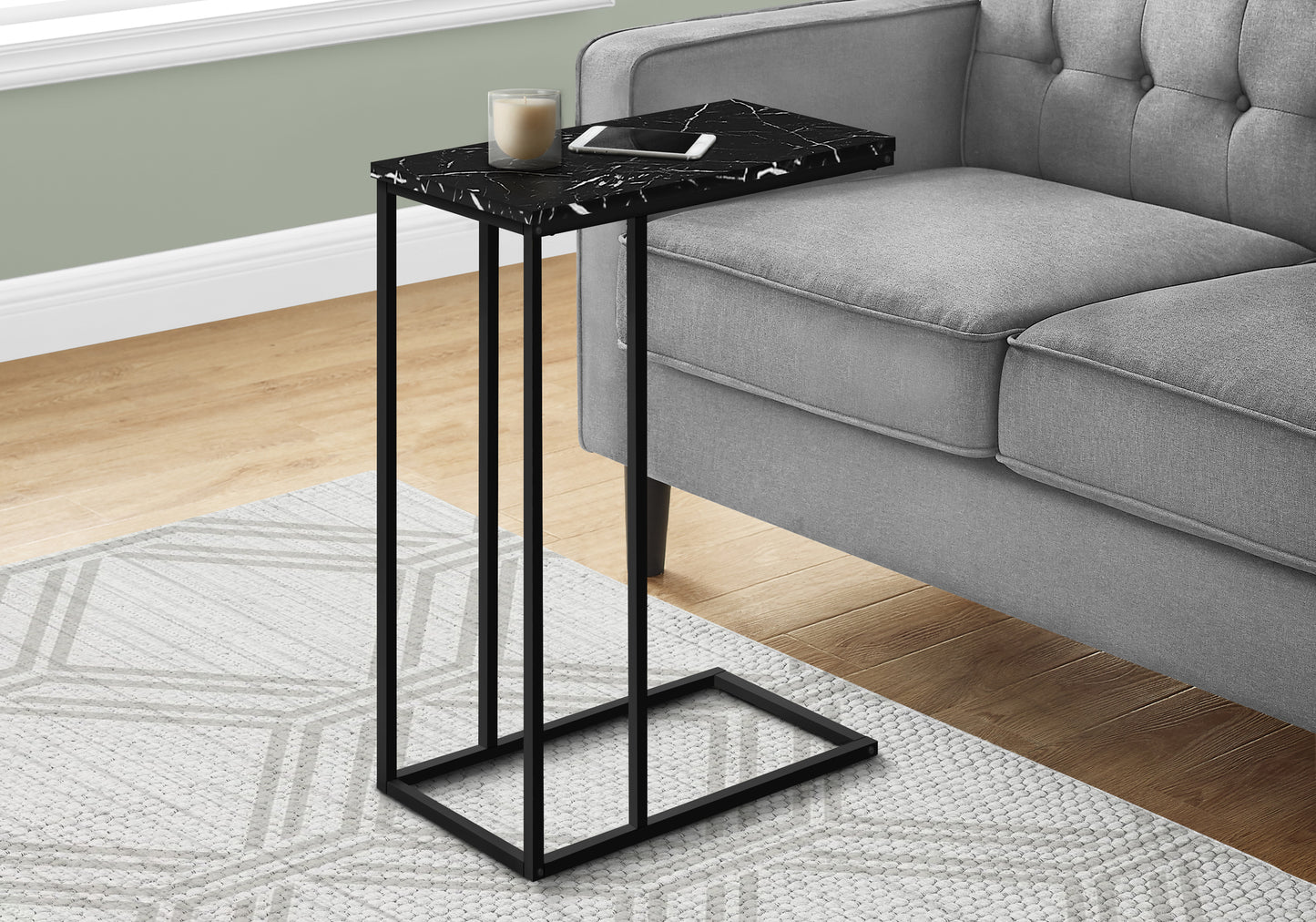 Accent Table, C-shaped, End, Side, Snack, Living Room, Bedroom, Black Marble Look Laminate, Black Metal, Contemporary, Modern