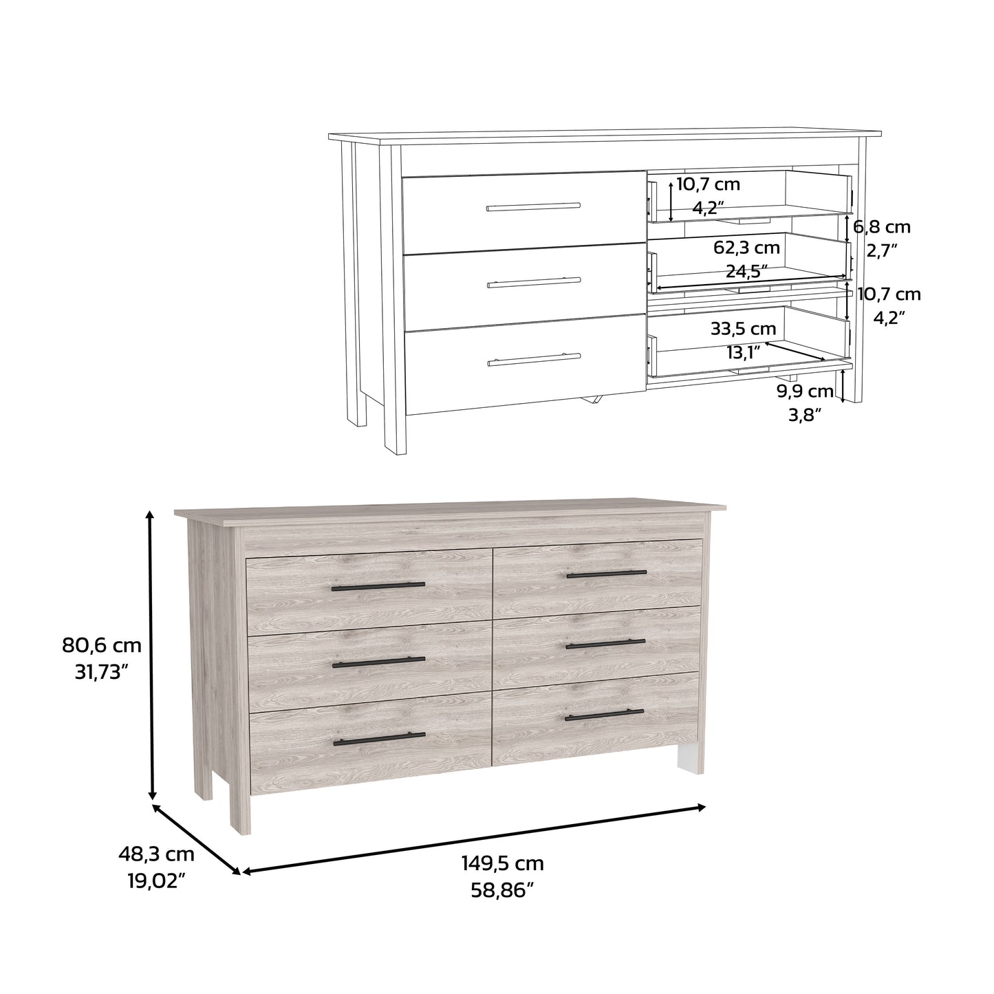 Double Dresser, Four Legs, 6 Drawer, Superior Top, Light Gray