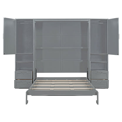 Queen Size Murphy Bed Wall Bed with Closet ,Drawers and Shelves,Gray