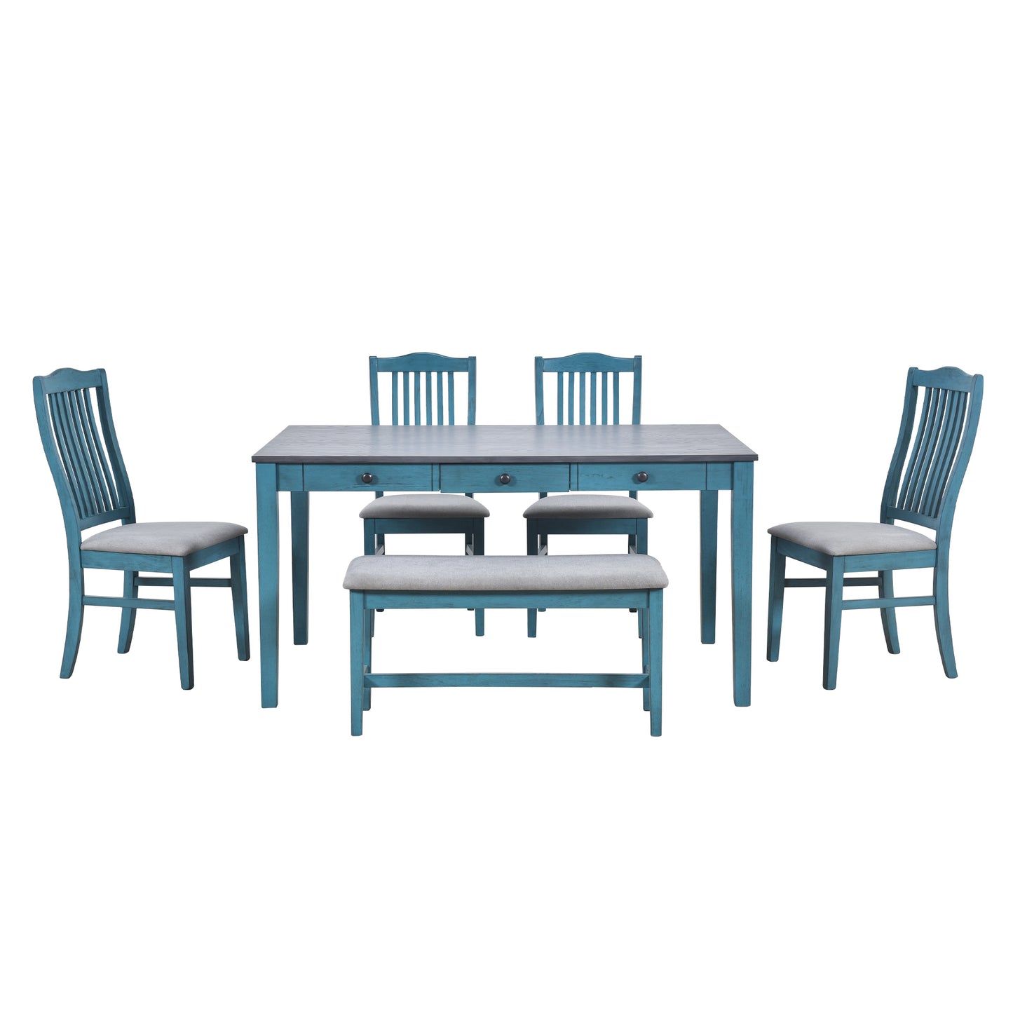 TOPMAX Mid-Century 6-Piece Wood Dining Table Set, Kitchen Table Set with Drawer, Upholstered Chairs and Bench, Antique Blue