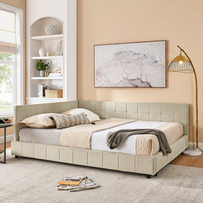 Queen Size Upholstered Tufted Bed Frame, Sofa Bed Frame with Comfortable Backrest and Armrests, Queen Size Bed for Bedroom, Living Room,Velvet, beige(85.5''*64.5''*30.5'')