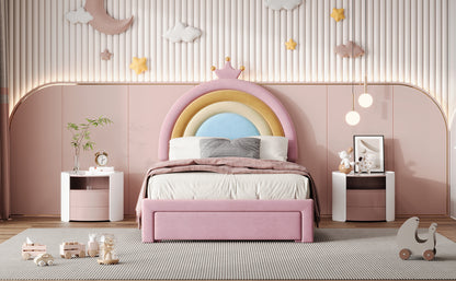 Twin Size Upholstered Rainbow Design Bed, Velvet Princess Platform Bed with Storage Drawer, No Box-spring Needed,Colorful&Pink