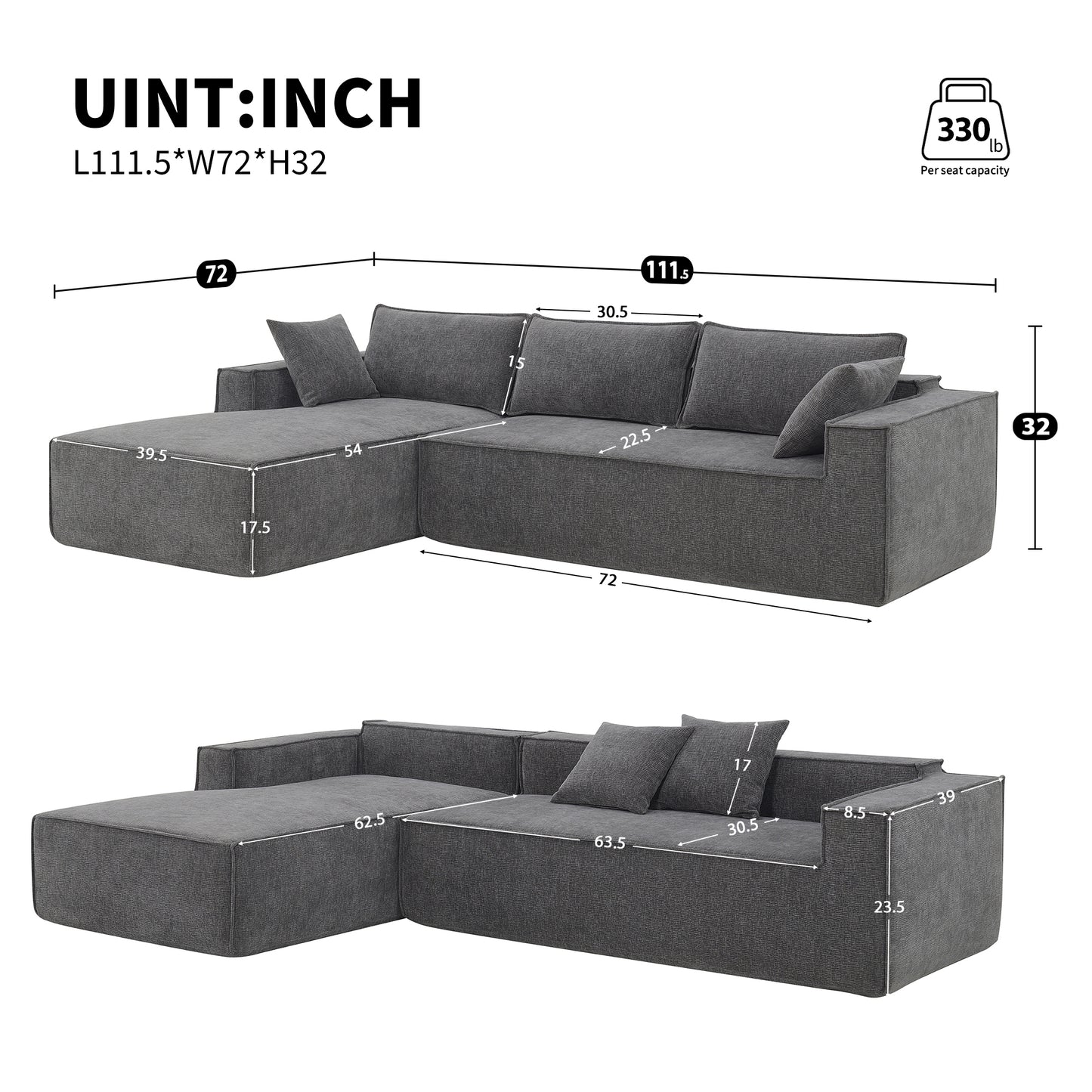 111.5*72" Minimalist Style Modular Sectional Sofa,Wrinkle-resistant Chenille Couch Set,L-Shaped Compressed Sofa for Living Room,2 PIC Free Combination,No Assembly Require,3 Colors