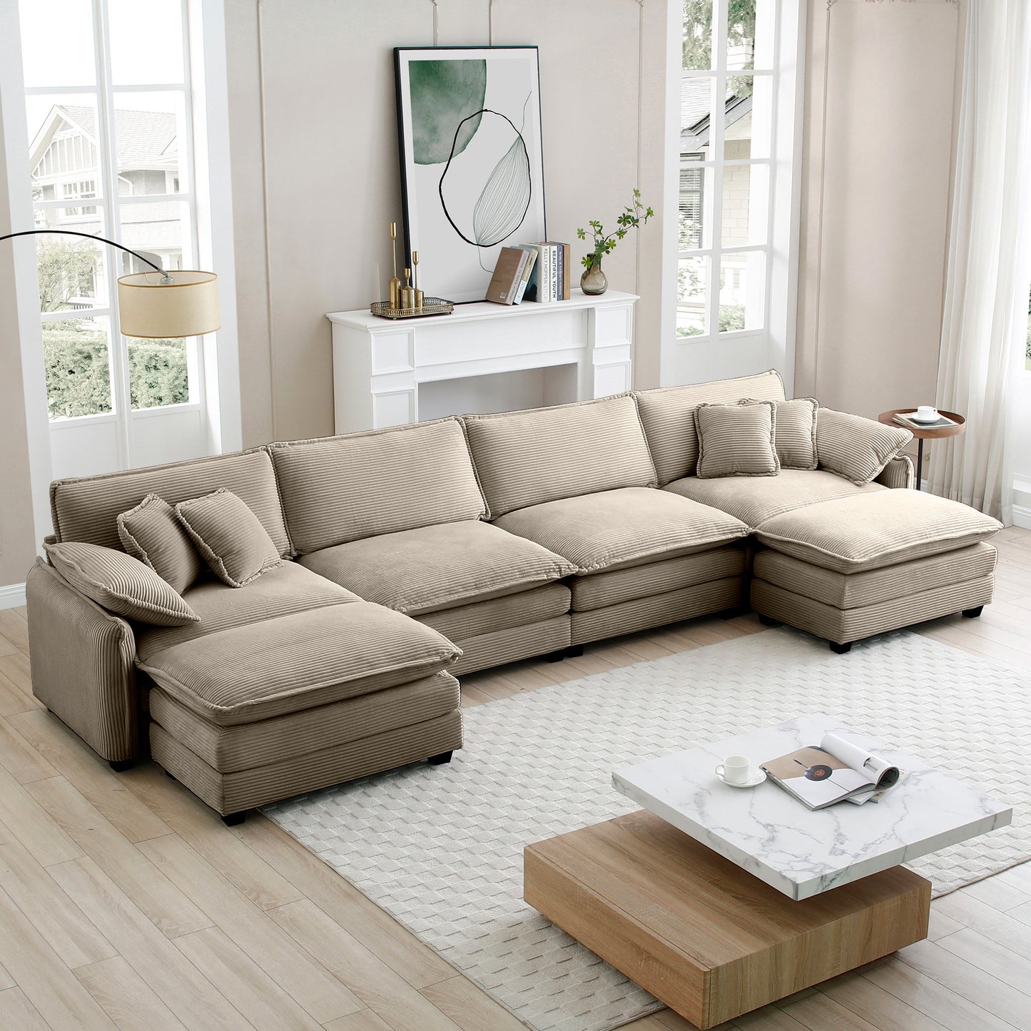 Over size U Shape Corduroy Sofa , Modern Upholstered 4 Seater Sofa with 2  Ottomans,  Premium Soft Corduroy Fabric Sofa